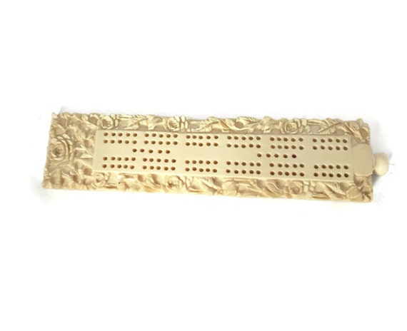 1880 Ivory Stone Cribbage Board with Carved by DerBayzVintage
