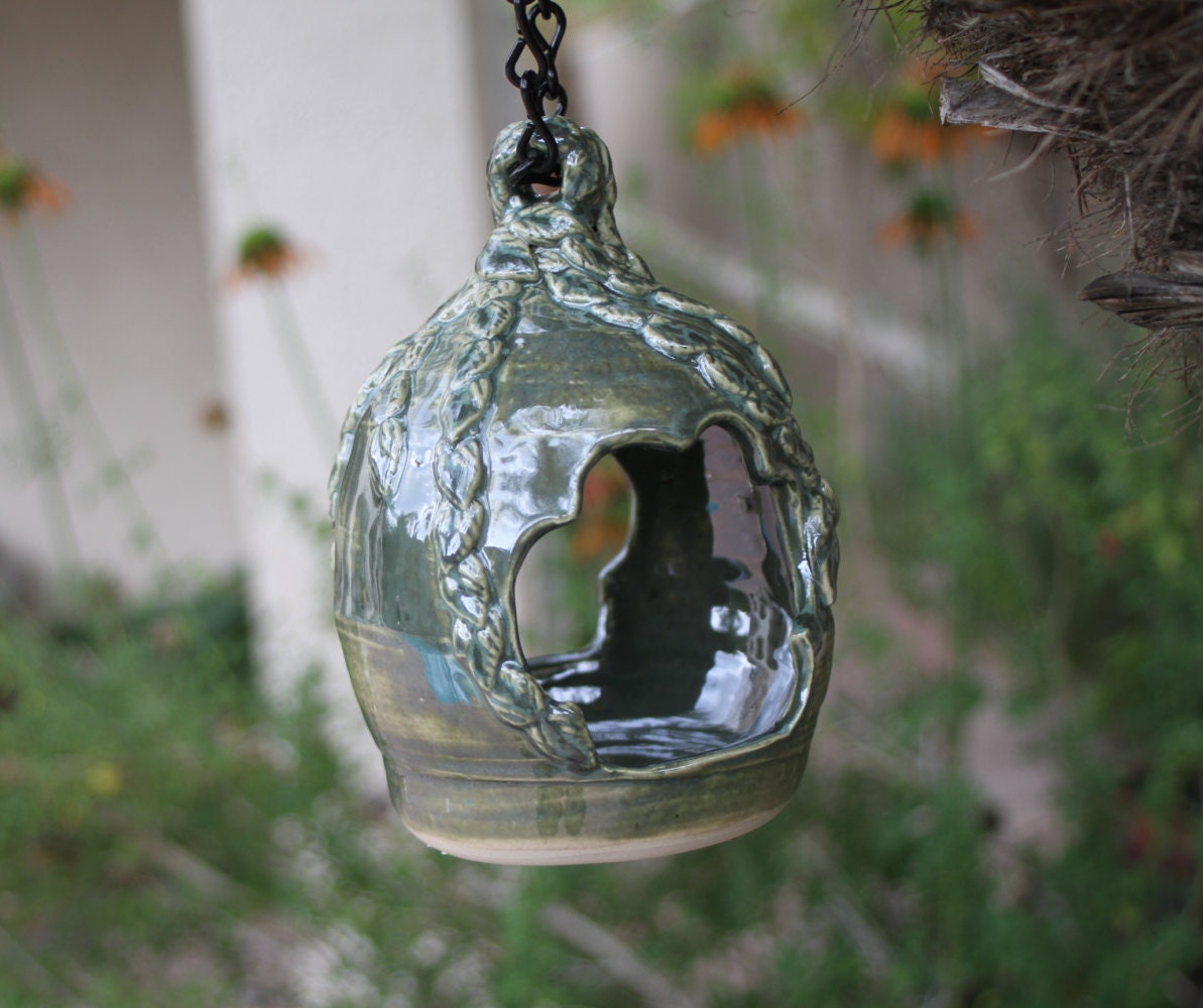 Green Hanging Bird Feeder ceramic handmade bird feeder garden