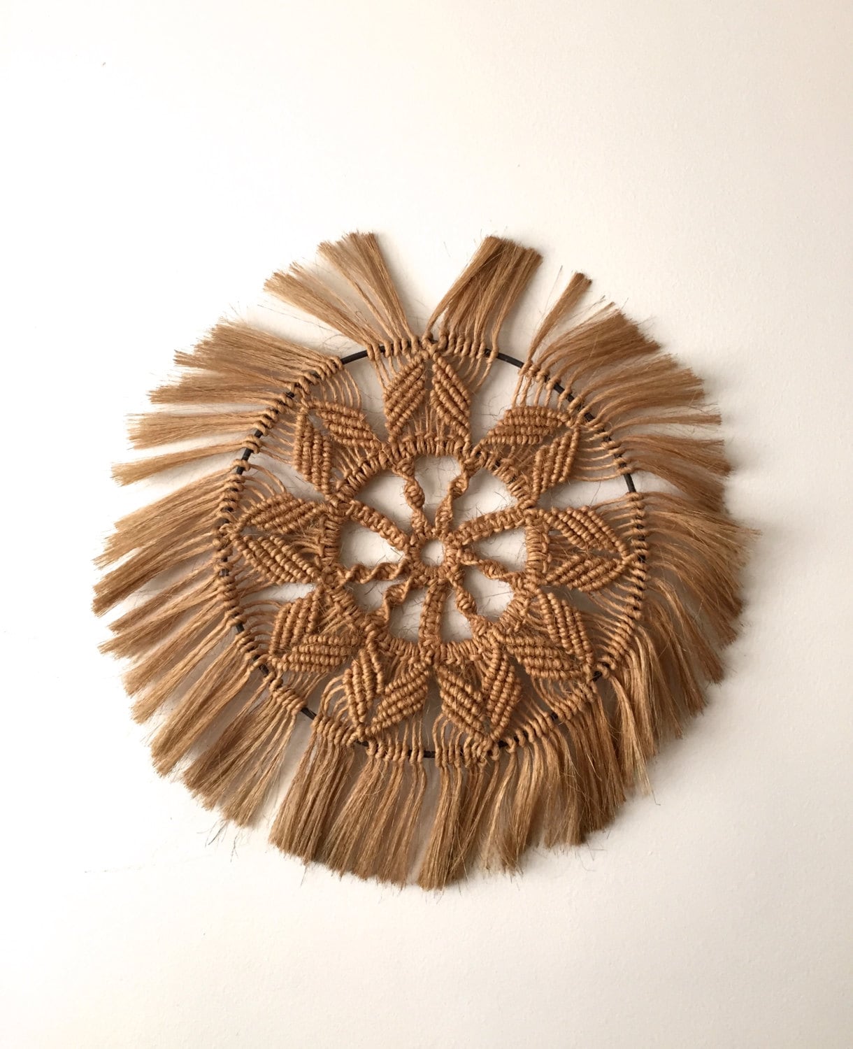 Vintage Woven Jute Macrame Circular Wall Hanging Mid Century