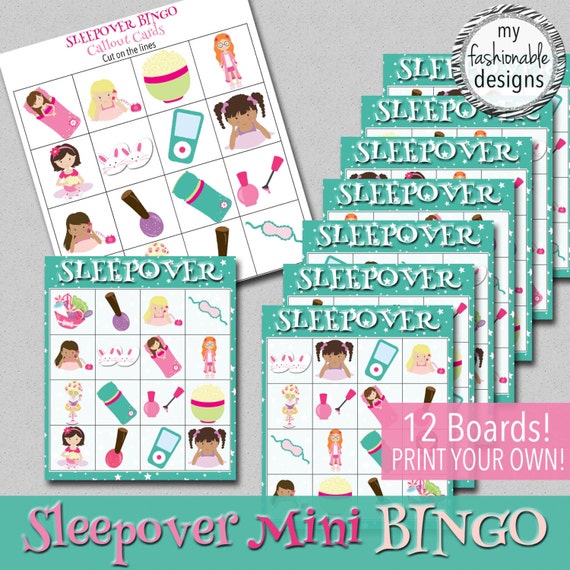 sleepover mini bingo game print your own instant download