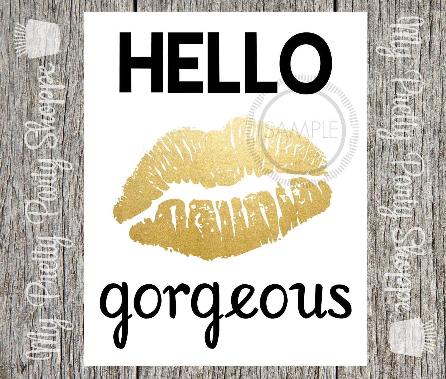 8x10 Printable Hello Gold Foil Lips Kiss Wall Print