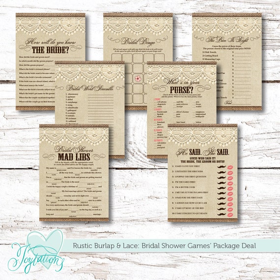 what's deal package Game Package Bridal Lace Shower Burlap Rustic by and