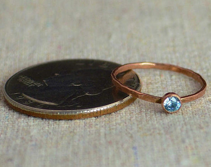 Dainty Copper Aquamarine Ring, Hammered Copper, Stackable Rings, Mother's Ring, March Birthstone, Copper Ring, Copper Aquamarine Ring