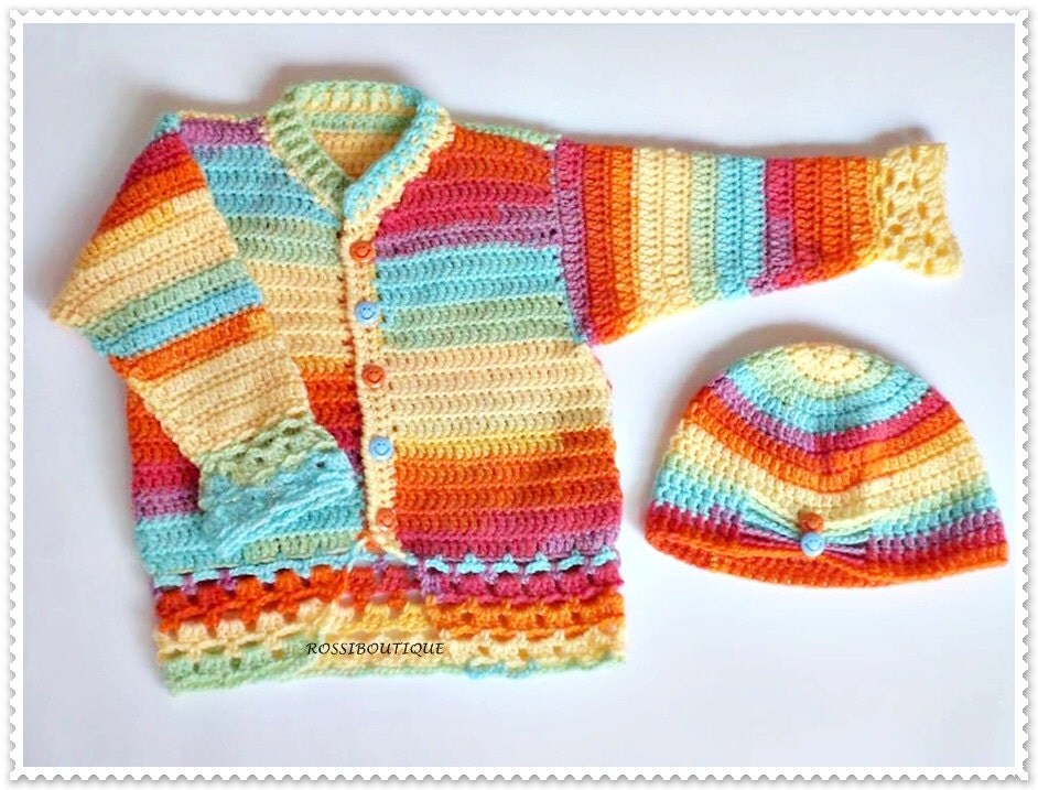 Crochet Girls Sweater Rainbow Baby Sweater Set by ROSSIBOUTIQUE