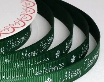 By the Metre Green Christmas Ribbon Grosgrain 9mm, Merry Christmas Ribbon, Christmas Ribbon, Green Ribbon, 9mm Ribbon, Festive Ribbon