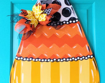 Candy Corn Wood Door Hanger by Simply aDOORable. Halloween Door Decor, Halloween Decoration, Candy Corn Decoration, Fall Wood Door Decor
