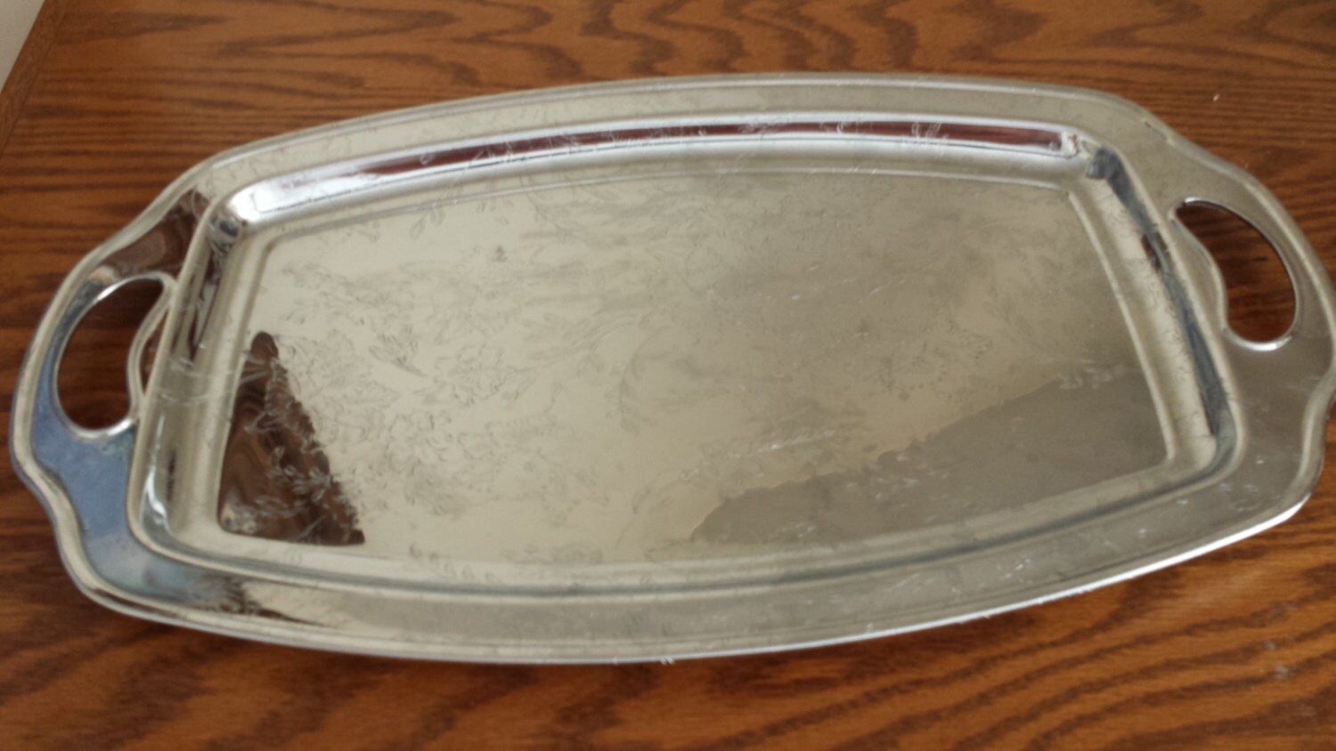 Vintage Embossed Chrome Plated Oval Silver Serving Tray Handles 1970s
