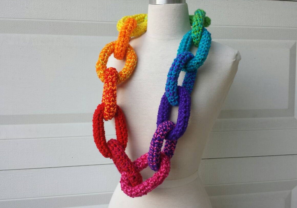 Rainbow Crocheted Chain Link Scarf Handmade by pinkavenger