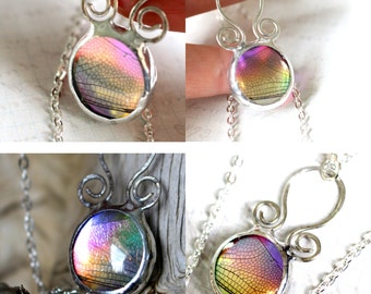 Rainbow Dragonfly Necklace, Real Bug Jewelry, Insect Under Glass, Dichroic Glass Jewelry Handmade, Dragonfly Wing Pendant