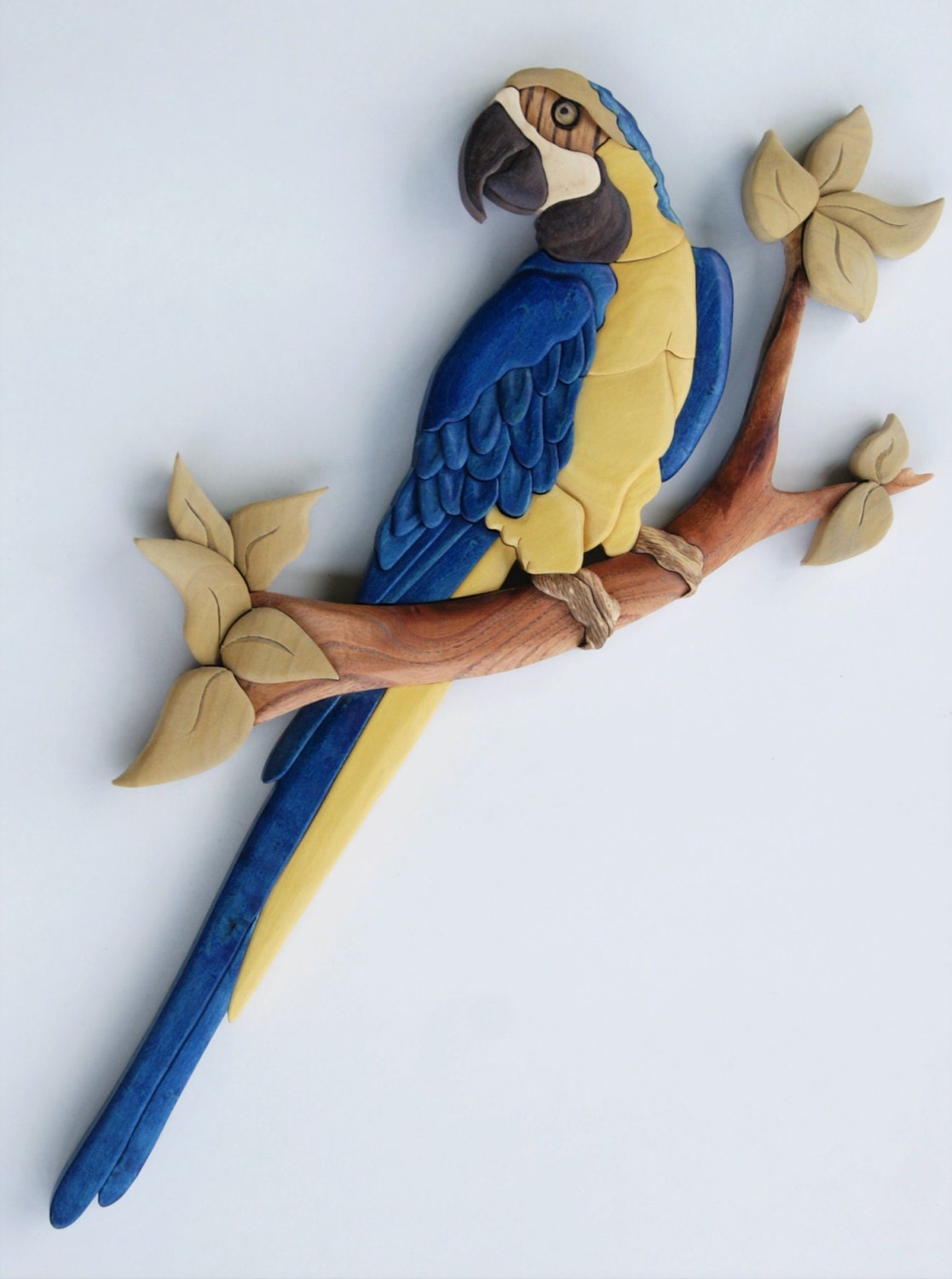 Macaw Blue and Gold Parrot Intarsia Wall Hanging by EntwoodCrafts
