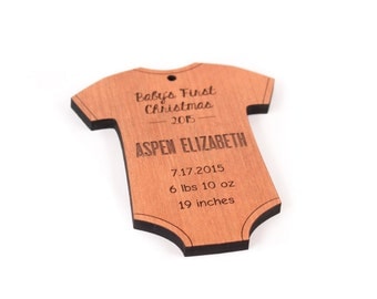 Baby's First Christmas ornament - personalized onesie, engraved newborn gift, handmade with homegrown organic finish