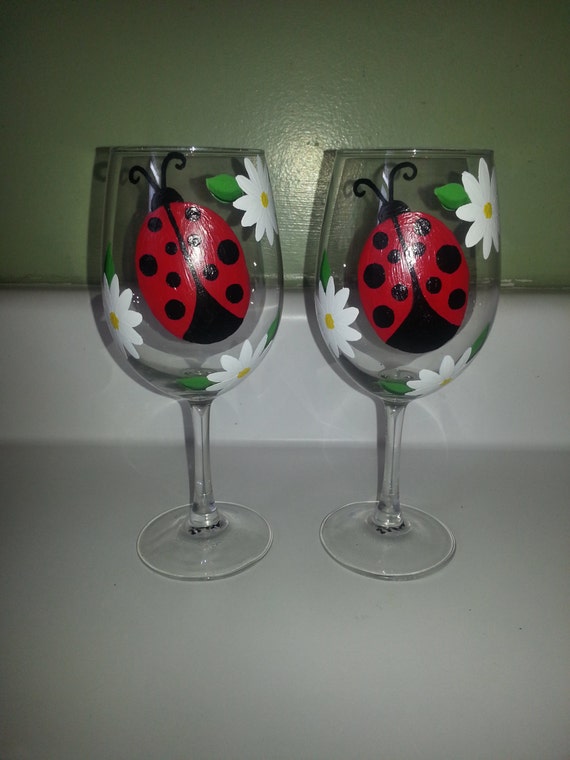Ladybugs wine glasses hand painted