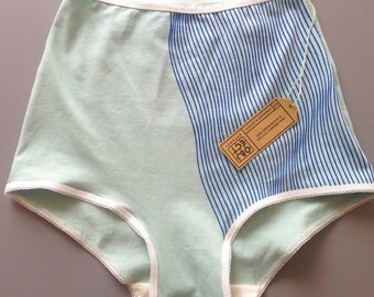 High waisted Womens Underwear, Screen Printed, Organic Cotton Panties, Blue Waves, Mint Green, Vintage Style, For Her