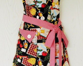 Retro Apron, Italian Cooking Apron, Women's Full Apron, Olive Oil, Pasta, Tomatoes, KitschNStyle