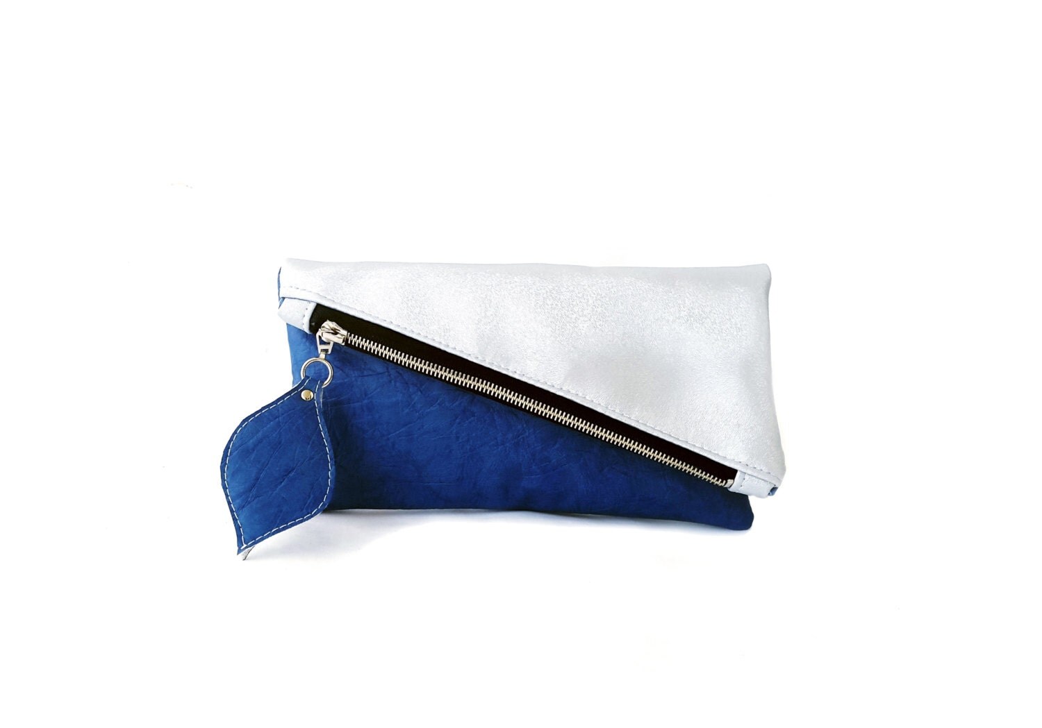 Silver and blue leather clutch purse geometric clutch bag