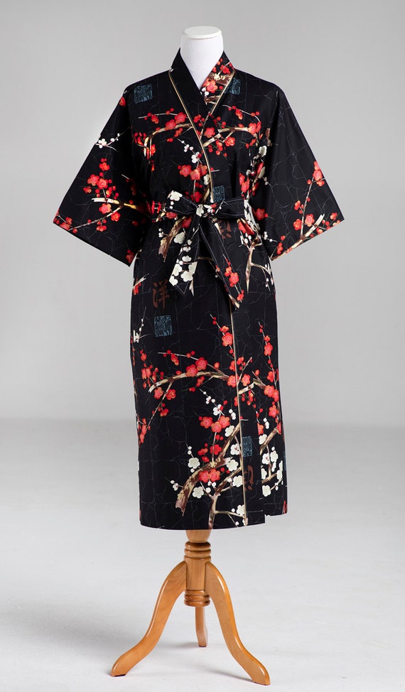 Kimono Robe Lined Womens Long Mid calf robe Lined in Solid