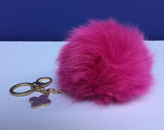 Deep Pink Fox Fur Pompom bag charm pendant Fur Pompoms keychain with flower clover charm