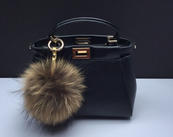 Pom-pom bag charm, fur pom pon keychain purse pendant in dark gray