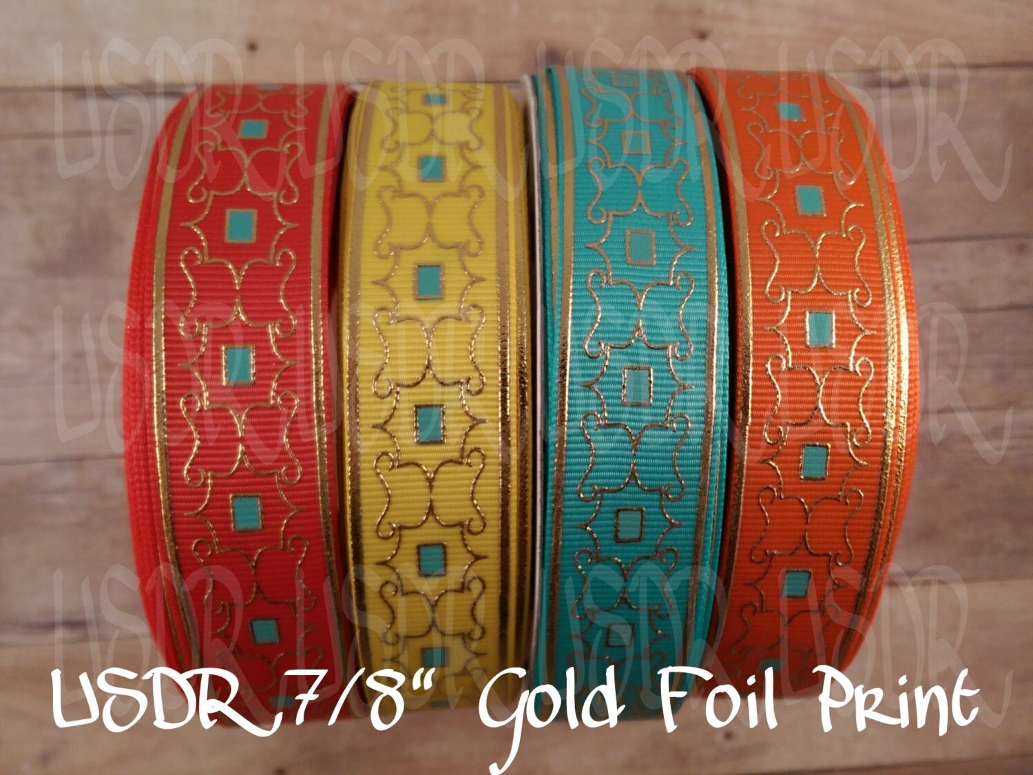 Gold foil scrolls 7/8 USD ribbon printed grosgrain