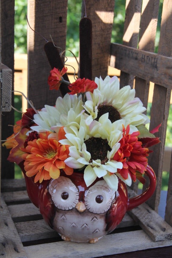 RESERVED FOR ASHLEYFall Owl Floral Teapot Arrangement Owl