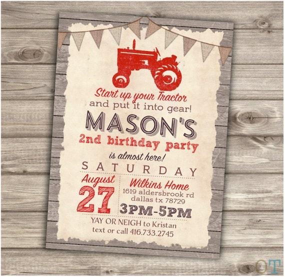 Red Tractor Birthday Printable Invitation Rustic Wood Farm