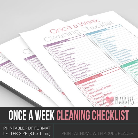 Modern One Page Once a Week Cleaning Checklist by ILovePlanners