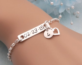 Wedding Date Bracelet, Sterling Silver Date Stamped Bracelet, Personalized Bracelet, Bridesmaid Initial Bracelet, Custom Date Bracelet