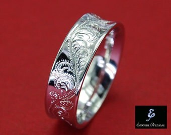 6mm Concave Sterling Silver Ring , Flower Ornate Hand engraved Ring , Comfort Fit , Antique engagement, Feminine, womens band ring