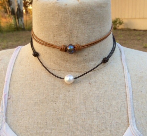 Adjustable sliding knots Pearl leather choker; holiday sale; triple