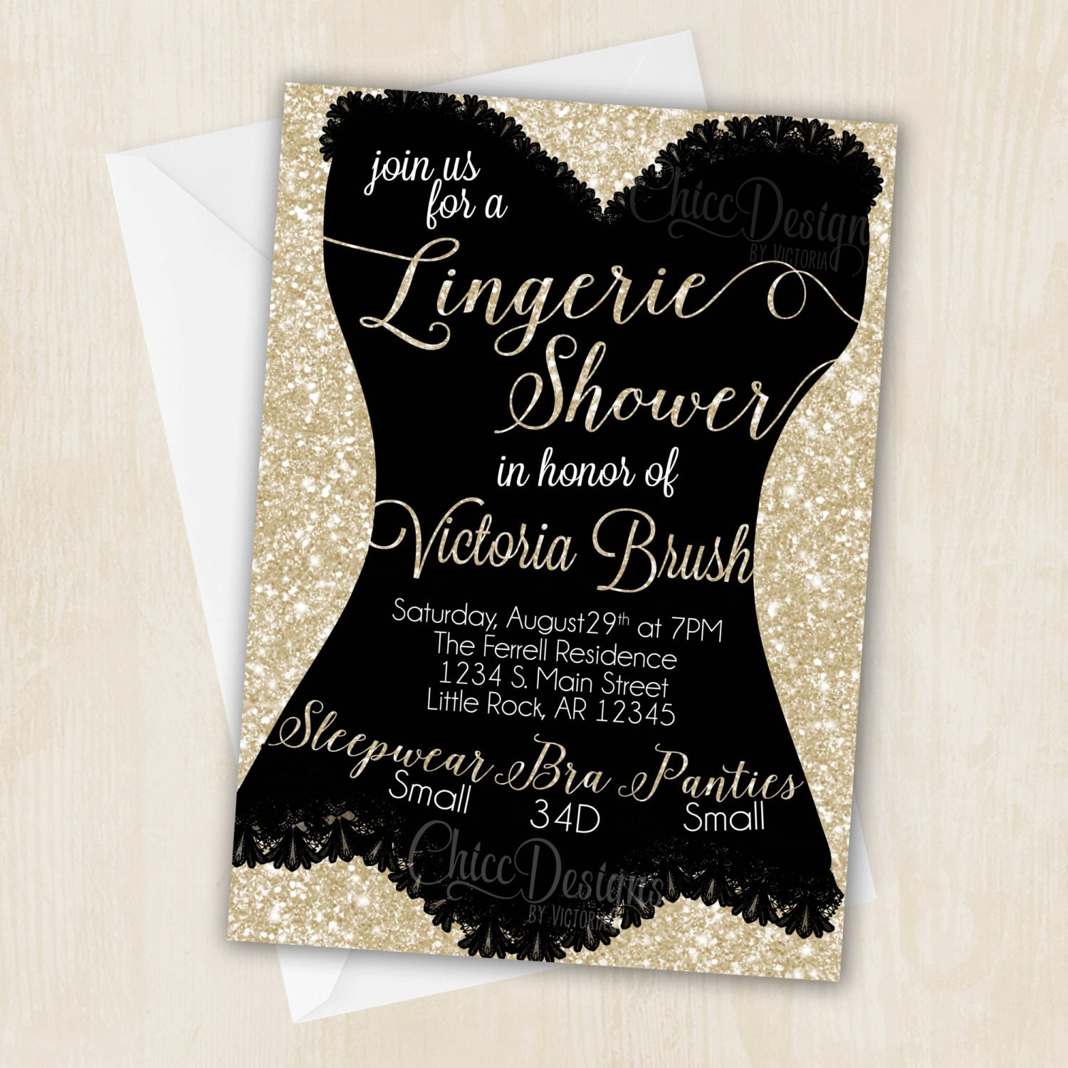 Lingerie Shower Invitation White Gold Champagne Color