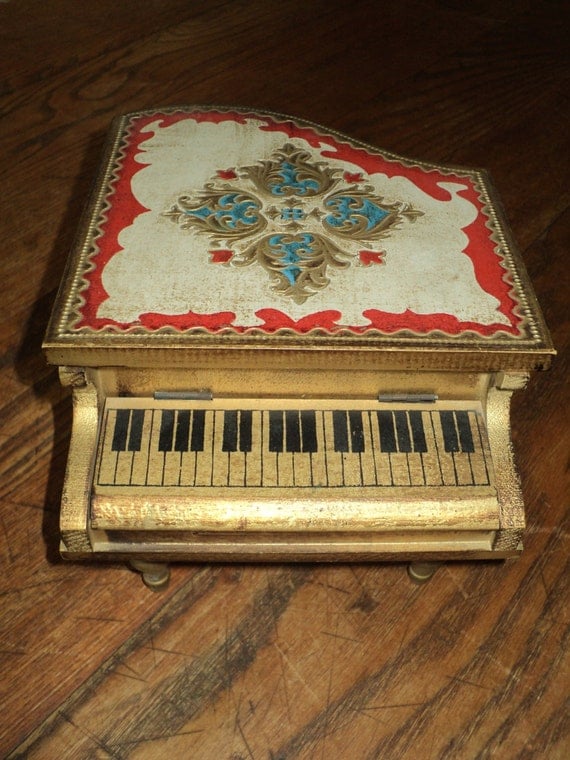 Vintage Piano Shaped Wooden Musical Jewelry Box with red