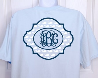 Monogrammed T-Shirt With Whales Pattern. Available In Long Sleeve (Limited Colors - Refer To Color Chart) And Short Sleeve