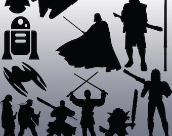 12 Star Wars Silhouette Clipart Images, Clipart Design Elements, Instant Download, Black Silhouette Clip art