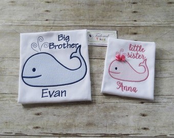 Personalized Big Brother Little Sister Shirt/Bodysuit/Infant Gown/Romper with Applique Whale & Name - Brother Sister Sibling Set