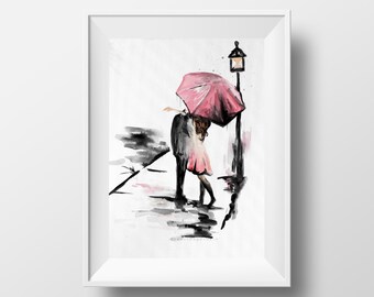 Couple with Umbrella, Romance painting, Kissing in the rain