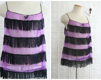 Sheer Purple Spaghetti Strap Camisole Tank Top with Black Fringe Stripes & Tiny Ribbon Bow Detail - Vintage Exotique