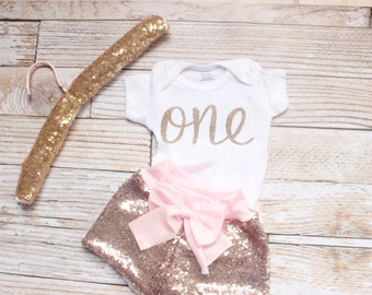 First Birthday Outfit Girl, baby sequin shorts, Pink and Gold Birthday Outfit, baby girl clothes, 1st Birthday Outfit, Baby Girl