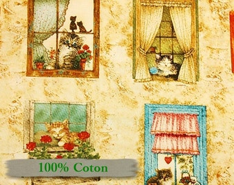 Giordano, chat à la fenêtre, cat, fat quarter, half-yard, by the yard, multiple quantity cut in one piece, 100% Cotton