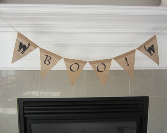 Boo! burlap banner - Halloween banner - burlap pennant - Boo banner