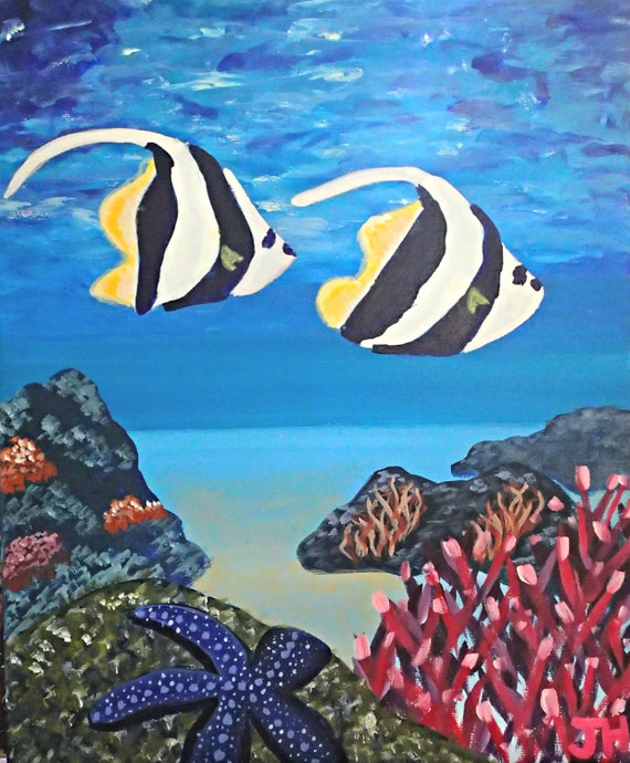 Items similar to Under water Painting Tropical Escape Angel Fish Star ...