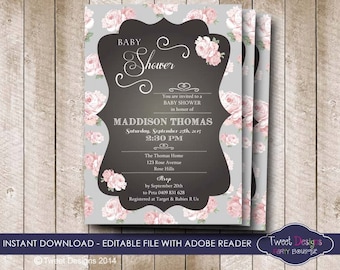 SHABBY CHIC Baby Shower Invitation, Instant Download High Tea Invitation, Rose Baby Shower Invitation, Edit yourself with Adobe Reader
