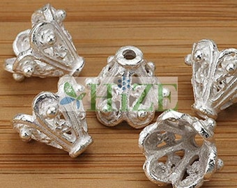 HIZE BB284 925 Bali White Sterling Silver Filigree Cone Cap Connector Beads 9x9.5mm (8)