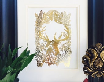 Gold Foil Print, Deer Head, Christmas print, Forest animals, Real Gold Foil, gold foil art