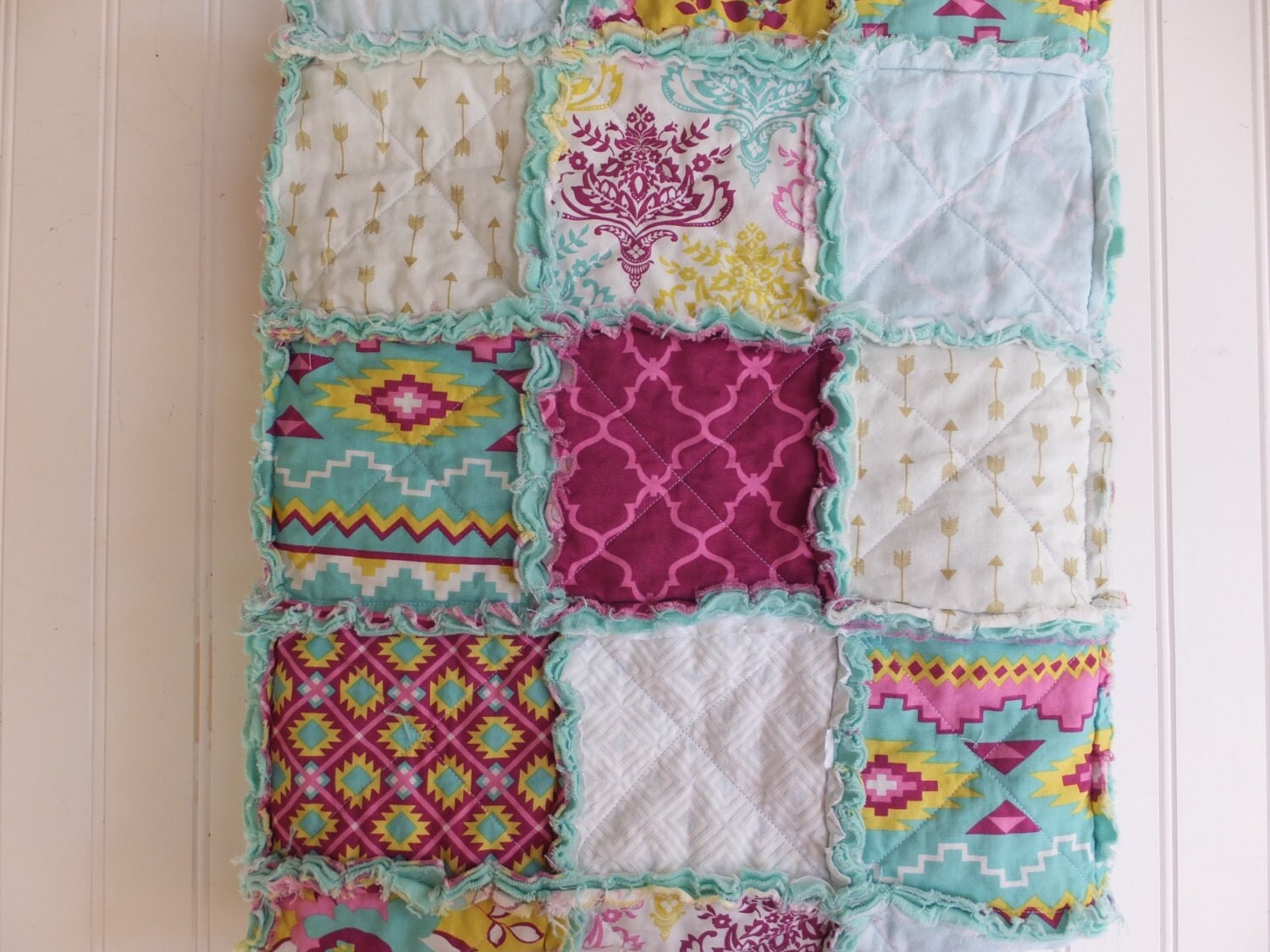Baby Rag Quilt Crib Size Teal Greens Aztec by RoseCreekBoutique