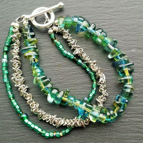 Green glass bead multi Strand Bracelet with by DorsetCreations