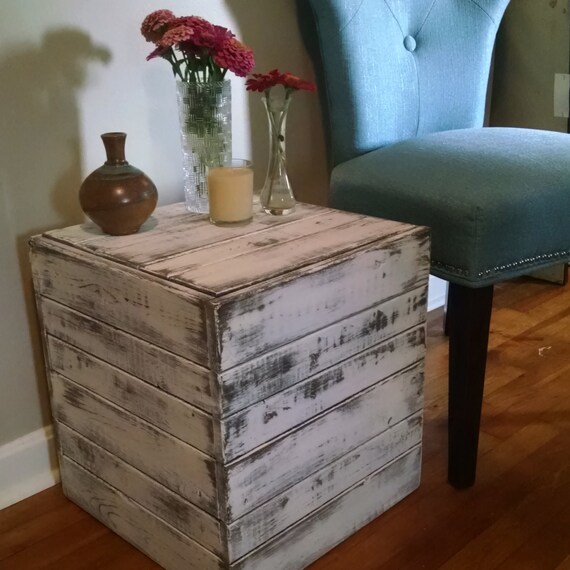 Rustic distressed Side table square closed end table.