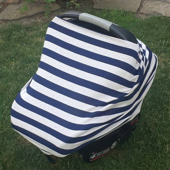 Stretchy Baby Car Seat Cover/Canopy Navy Blue & OffWhite