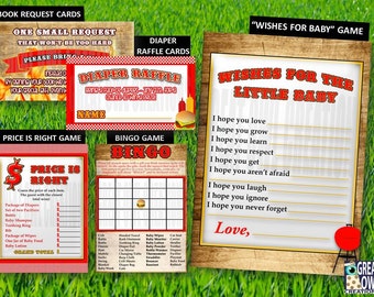 BBQ Baby Shower Party Package Games, Bun in the Oven Printable Games, Diaper Raffle, Book Request, Baby Wishes, Price is Right and Bingo