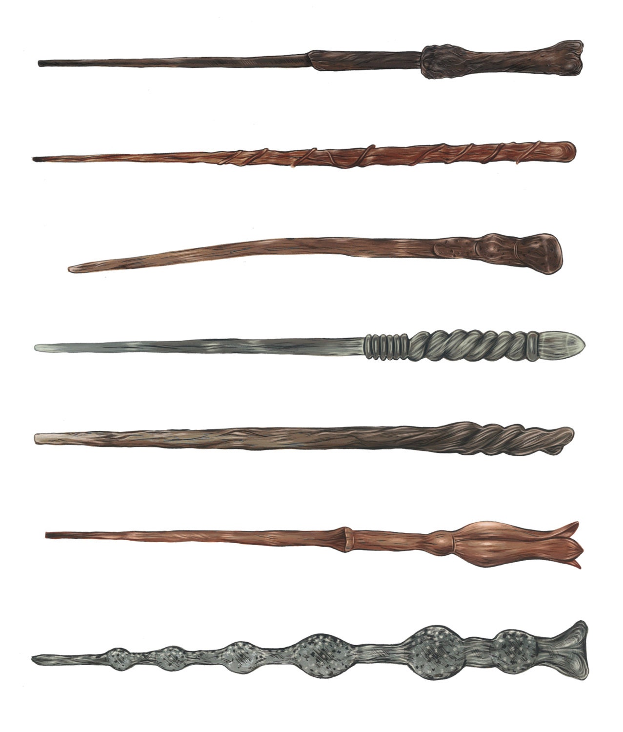 Harry Potter wands Illustration by LillyLouiseAllen on Etsy