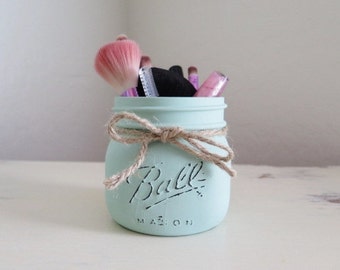 Cosmetics Makeup Brush Holder, Distressed Mason Jar, Mason Jar Decor, Vanity Storage, Rustic Bathroom Decor, Kitchen Decor, Mint Green